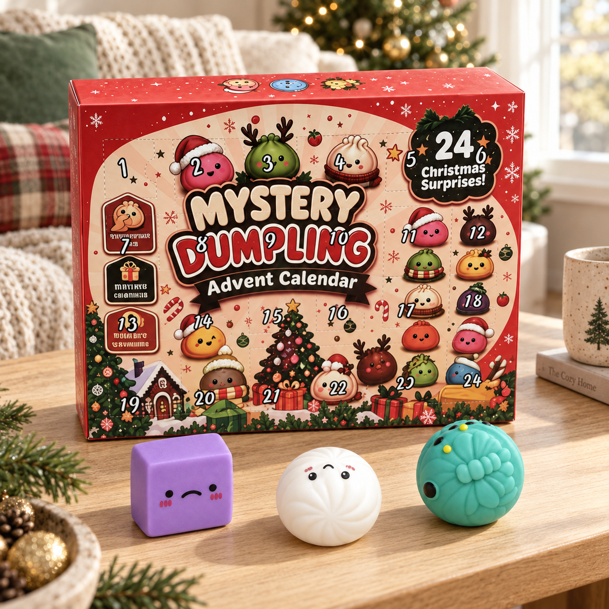 Christmas squishy advent calendar with three selected pieces on a festive coffee table
