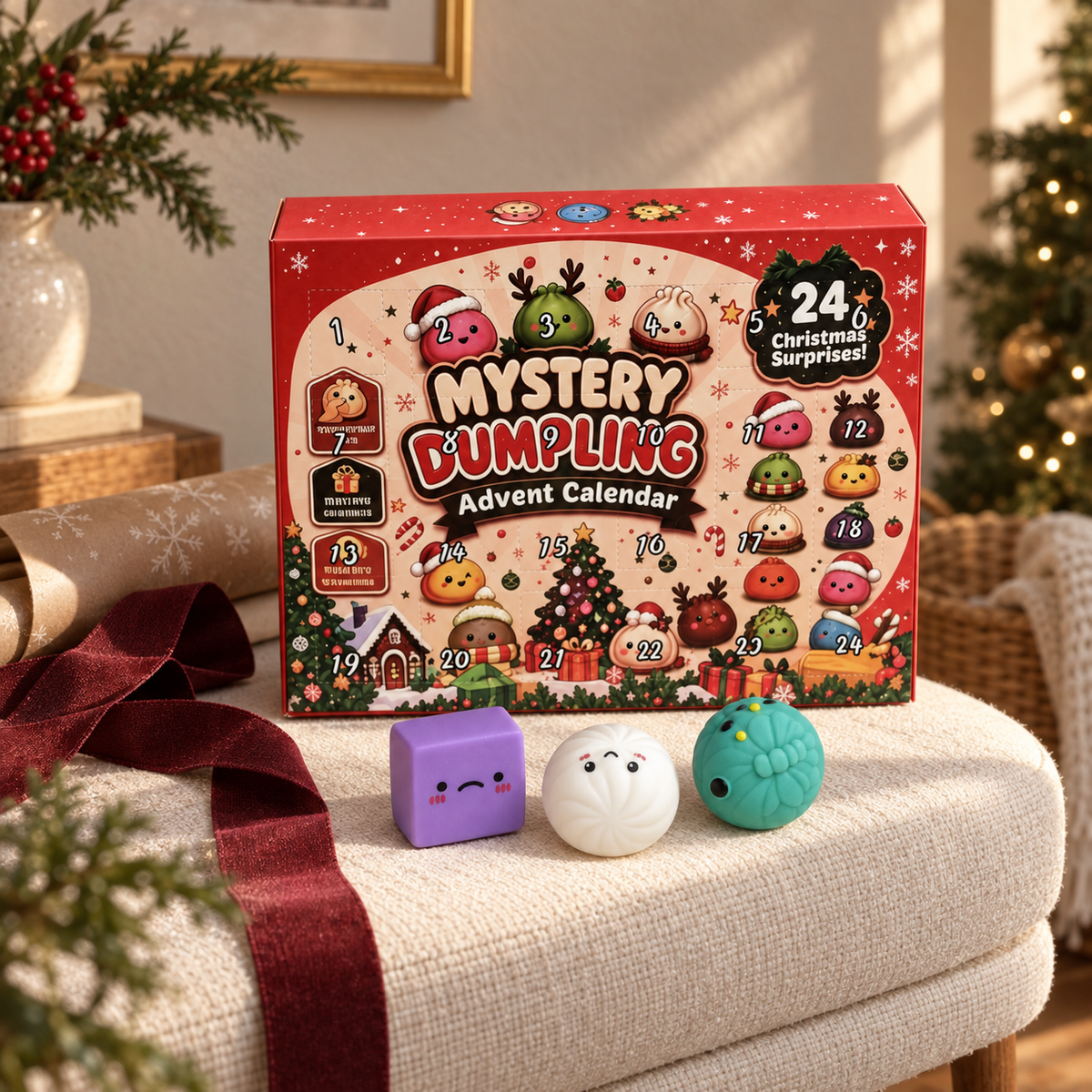 Closed squishy advent calendar and three selected pieces in a cozy gift-wrapping setting