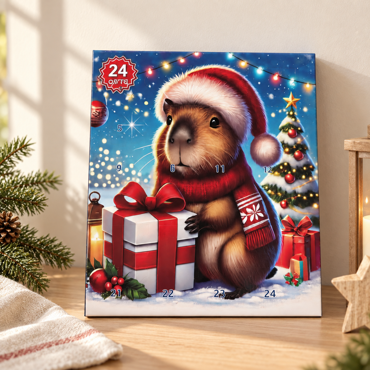 Closed capybara advent calendar on a light wood desk with evergreen accents