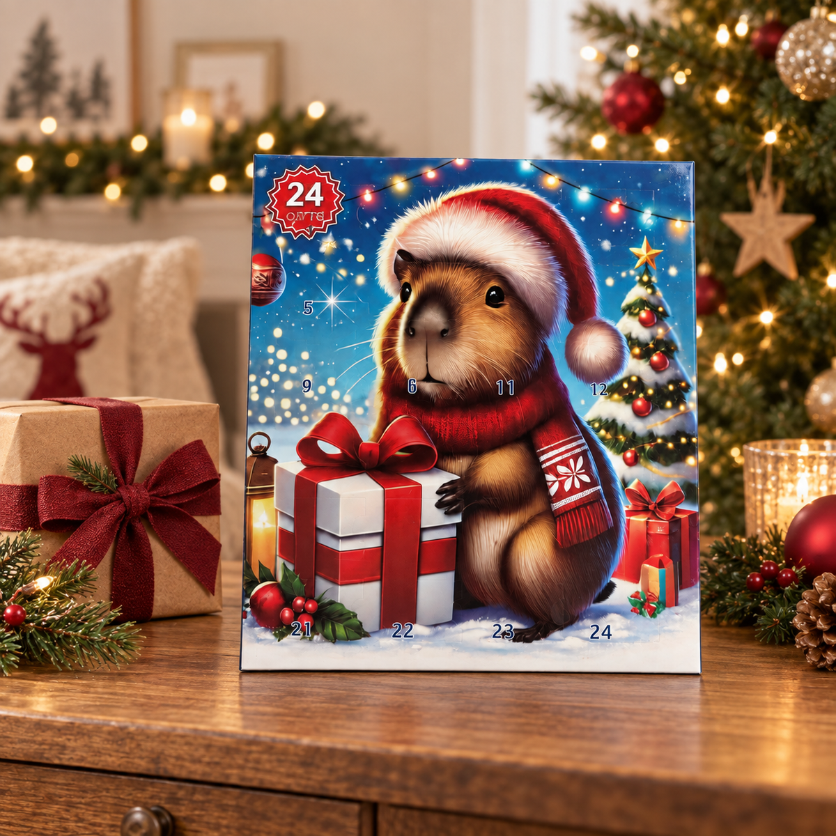 Closed capybara advent calendar beside wrapped presents and warm holiday lights