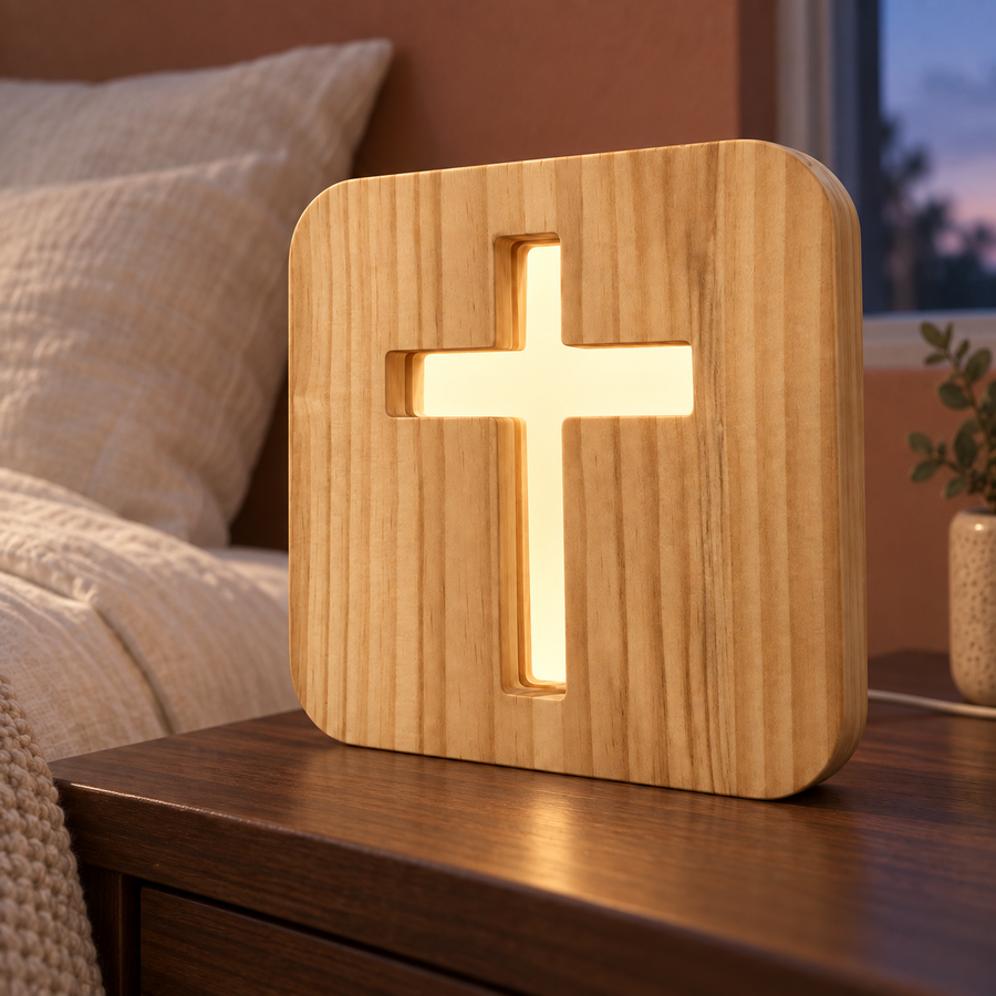 Warm-white wooden cross night light on a walnut bedside table