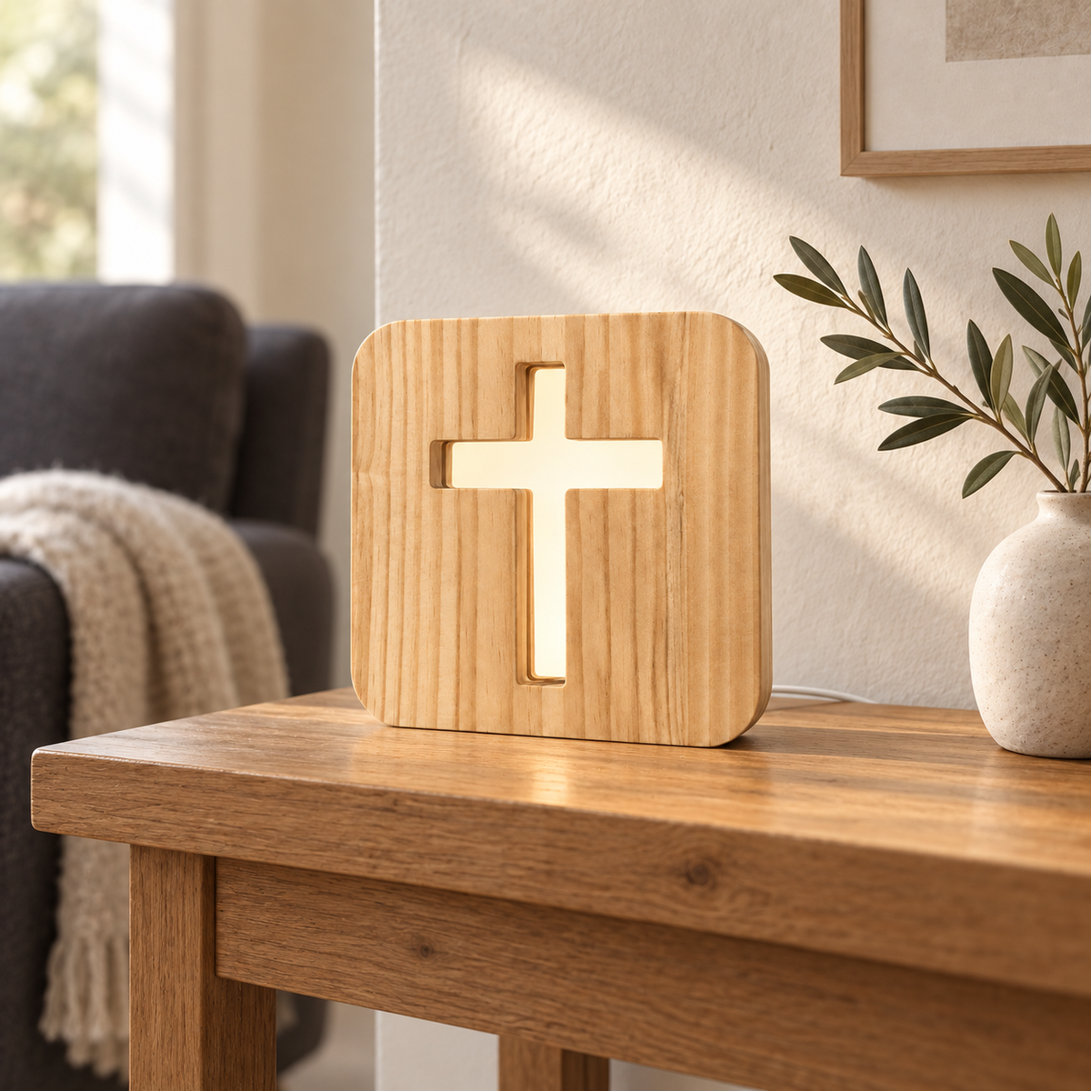 Wooden cross night light on an oak console in a softly lit living room
