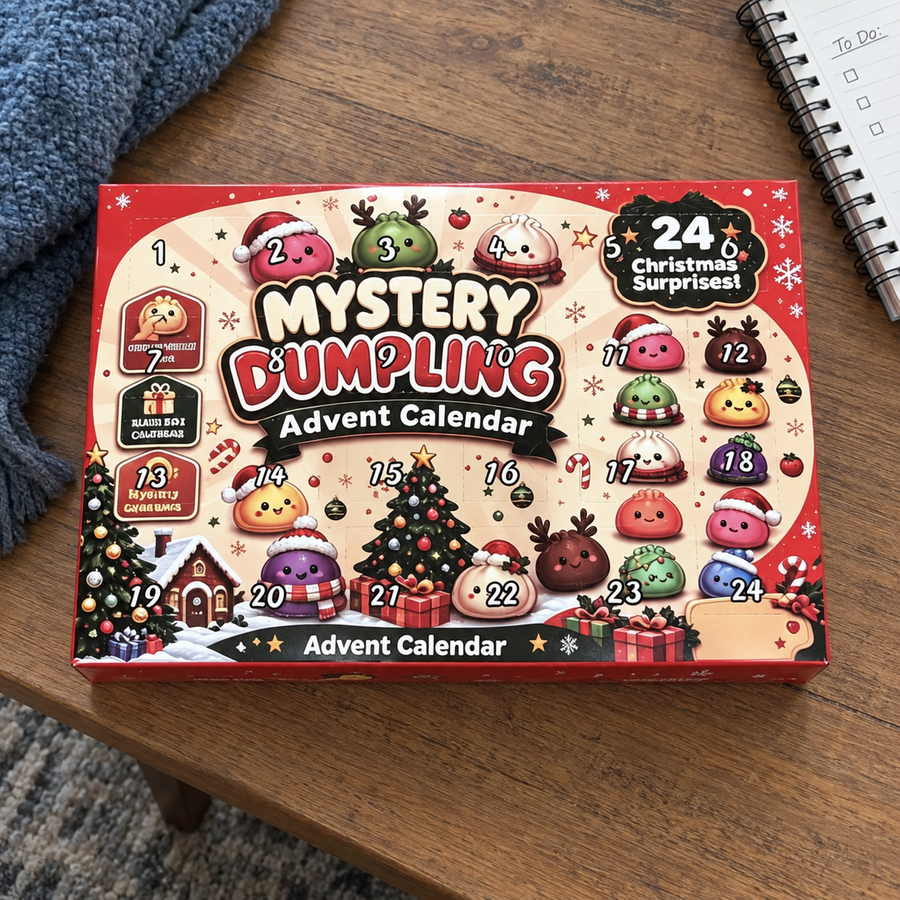 Closed Christmas squishy advent calendar on a coffee table