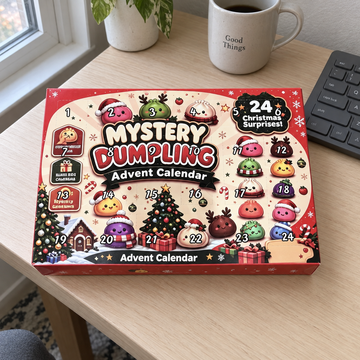 Closed Christmas squishy advent calendar on a work desk
