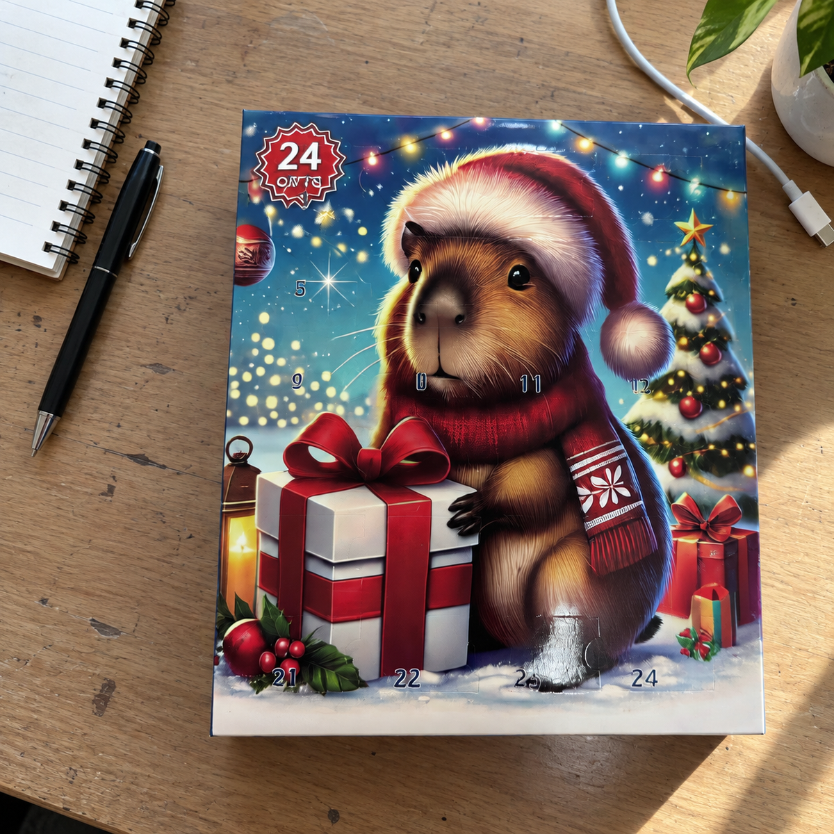 Closed capybara advent calendar on a desk beside a notebook