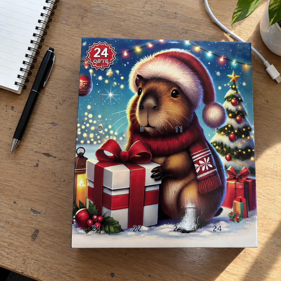 Closed capybara advent calendar on a desk beside a notebook