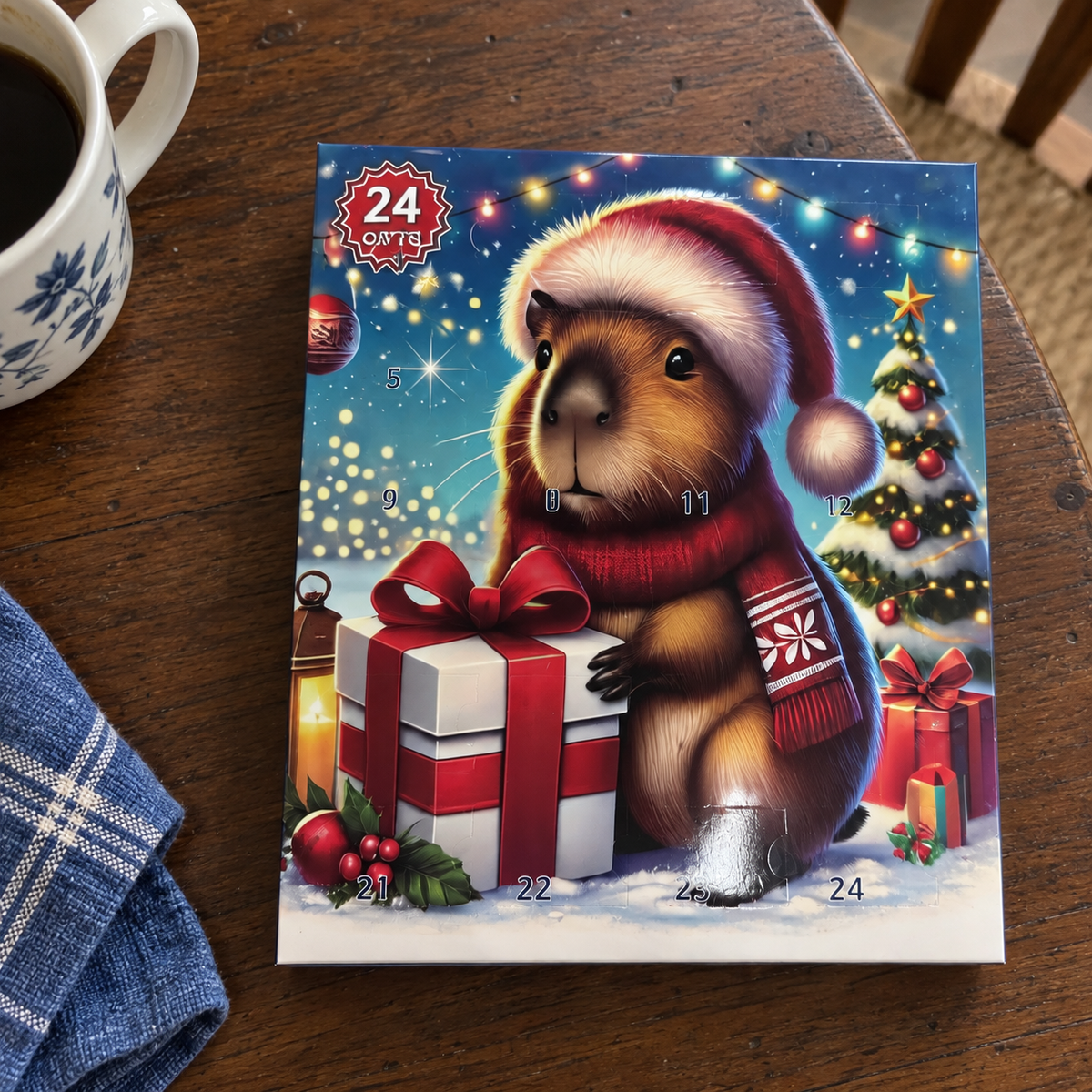 Closed capybara advent calendar on a kitchen table