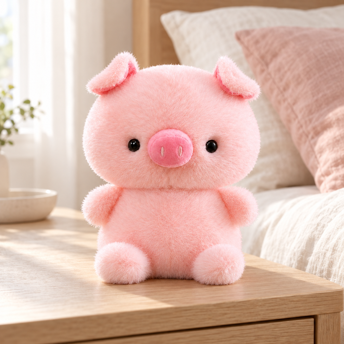 Pink pig plush on a bedside table beside ivory linen bedding
