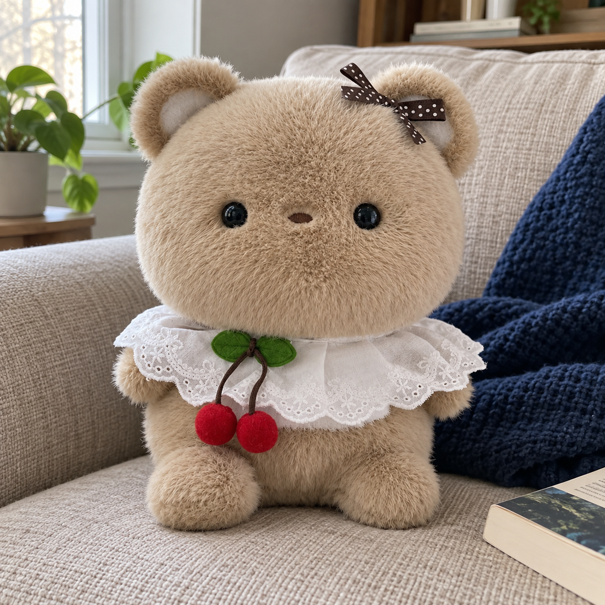 Cherry collar bear · 25cm in a lived-in room