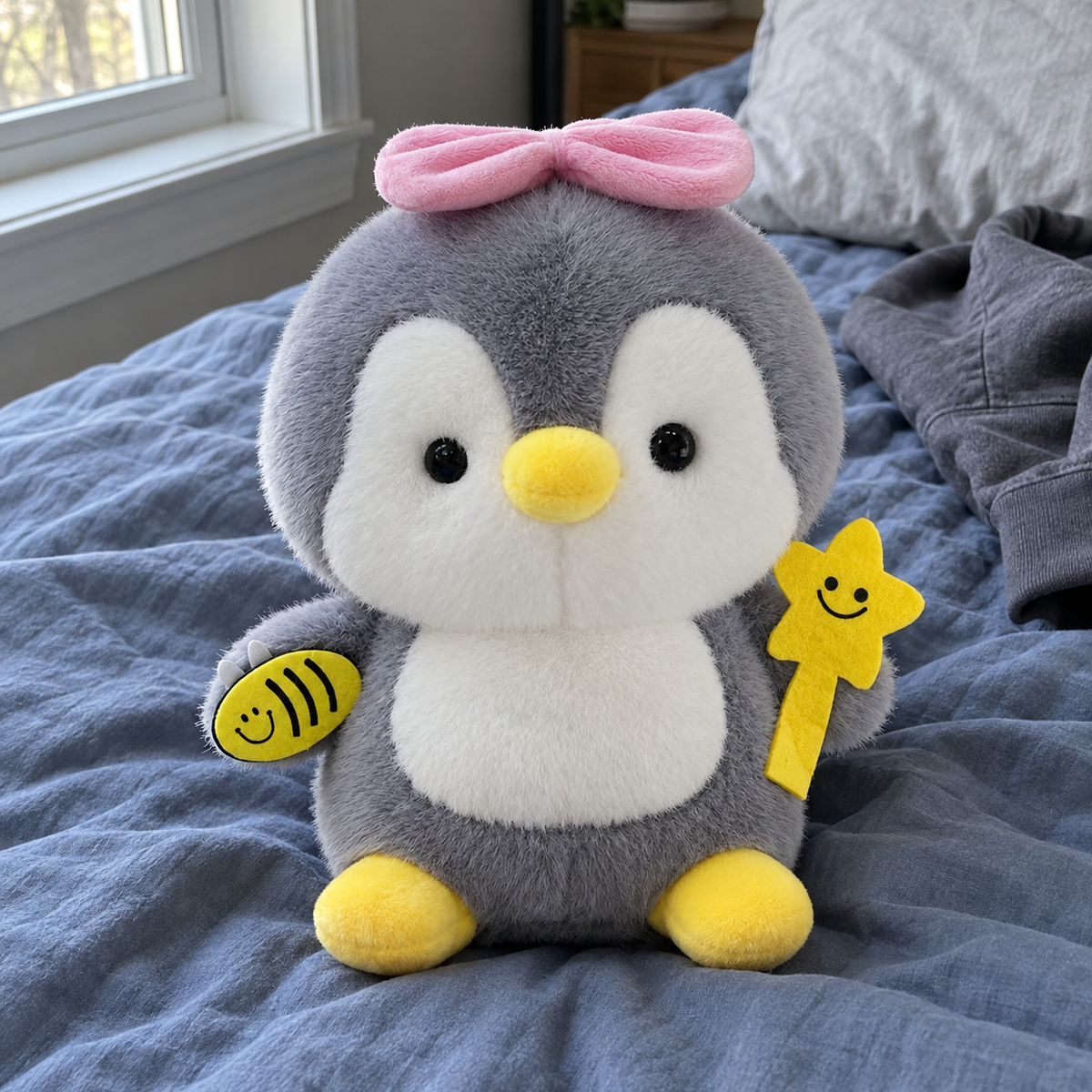 Pink bow penguin · 25cm in a lived-in room