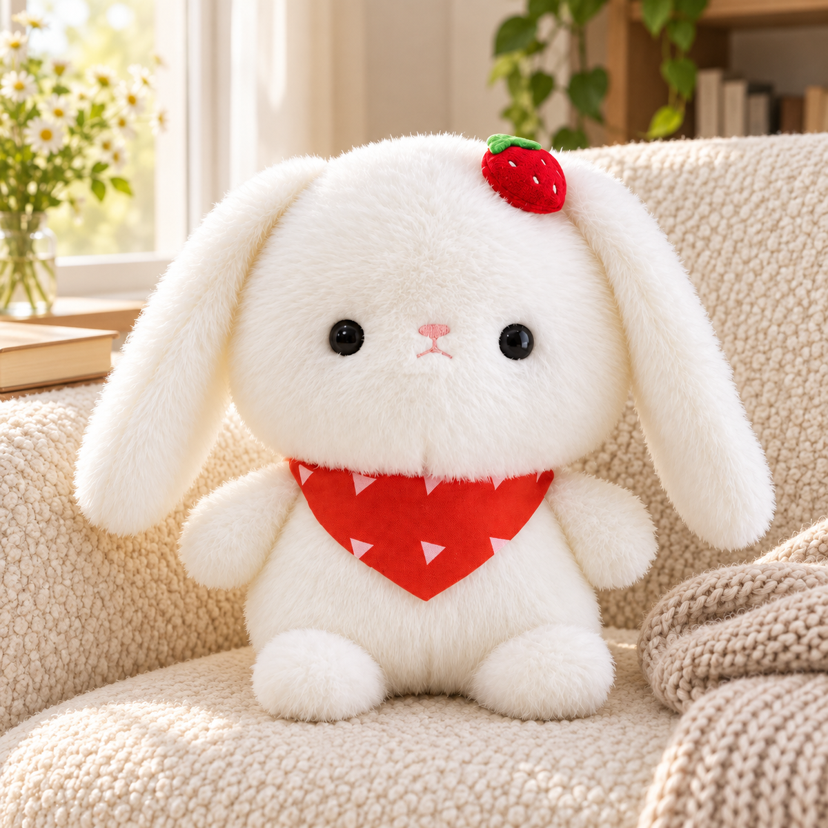 Strawberry scarf rabbit plush on a cream reading chair in soft window light