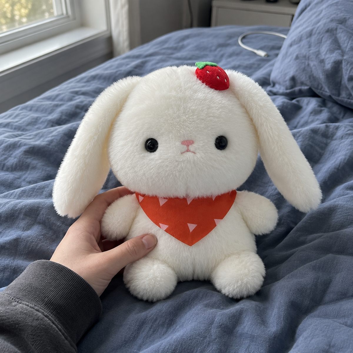 Strawberry scarf rabbit plush held on blue bedding beside a bedroom window