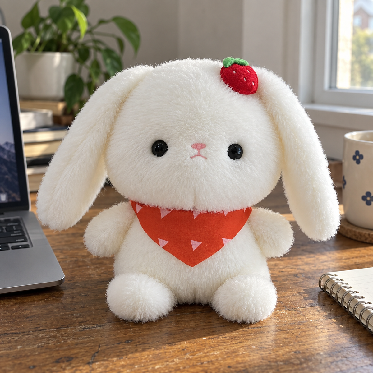 Strawberry scarf rabbit plush beside a laptop and notebook on a wooden desk