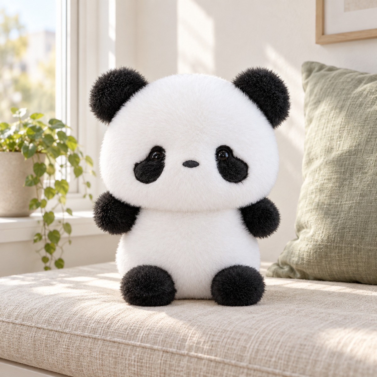 Panda plush on an oatmeal linen window seat