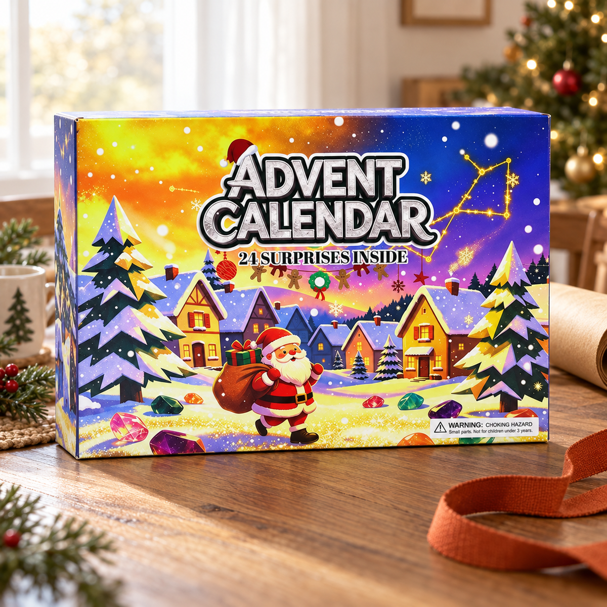 Closed Gem Blind Box A advent calendar on a gift-wrapping table