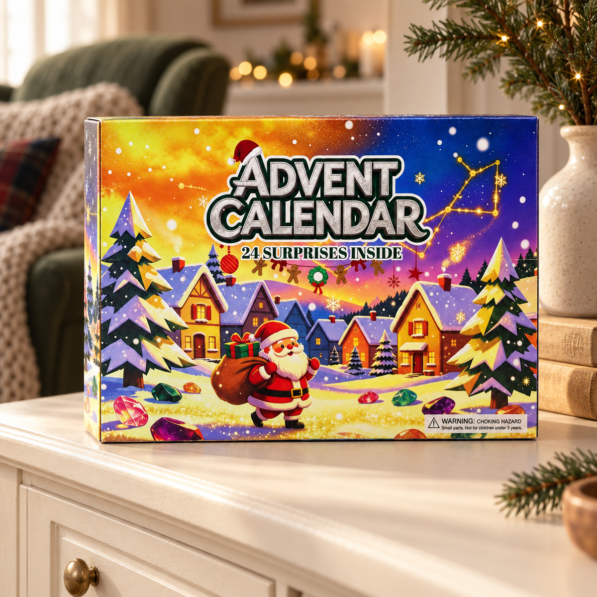 Closed Gem Blind Box B advent calendar on a cream living-room sideboard