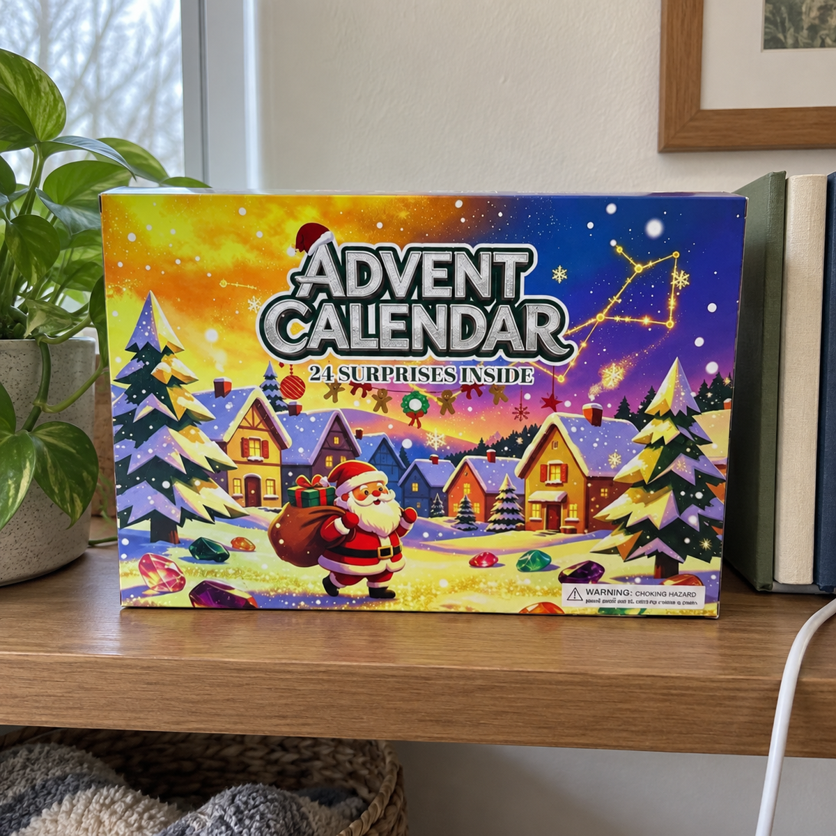 Closed Gem Blind Box B advent calendar on a wood shelf