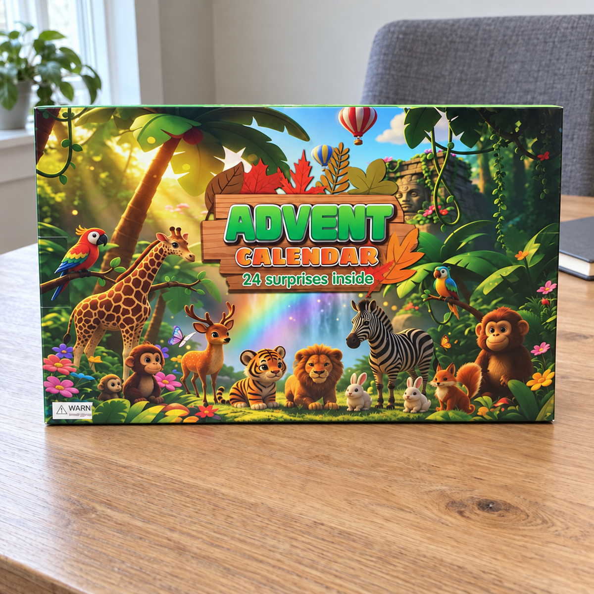 Closed wildlife advent calendar on a dining table