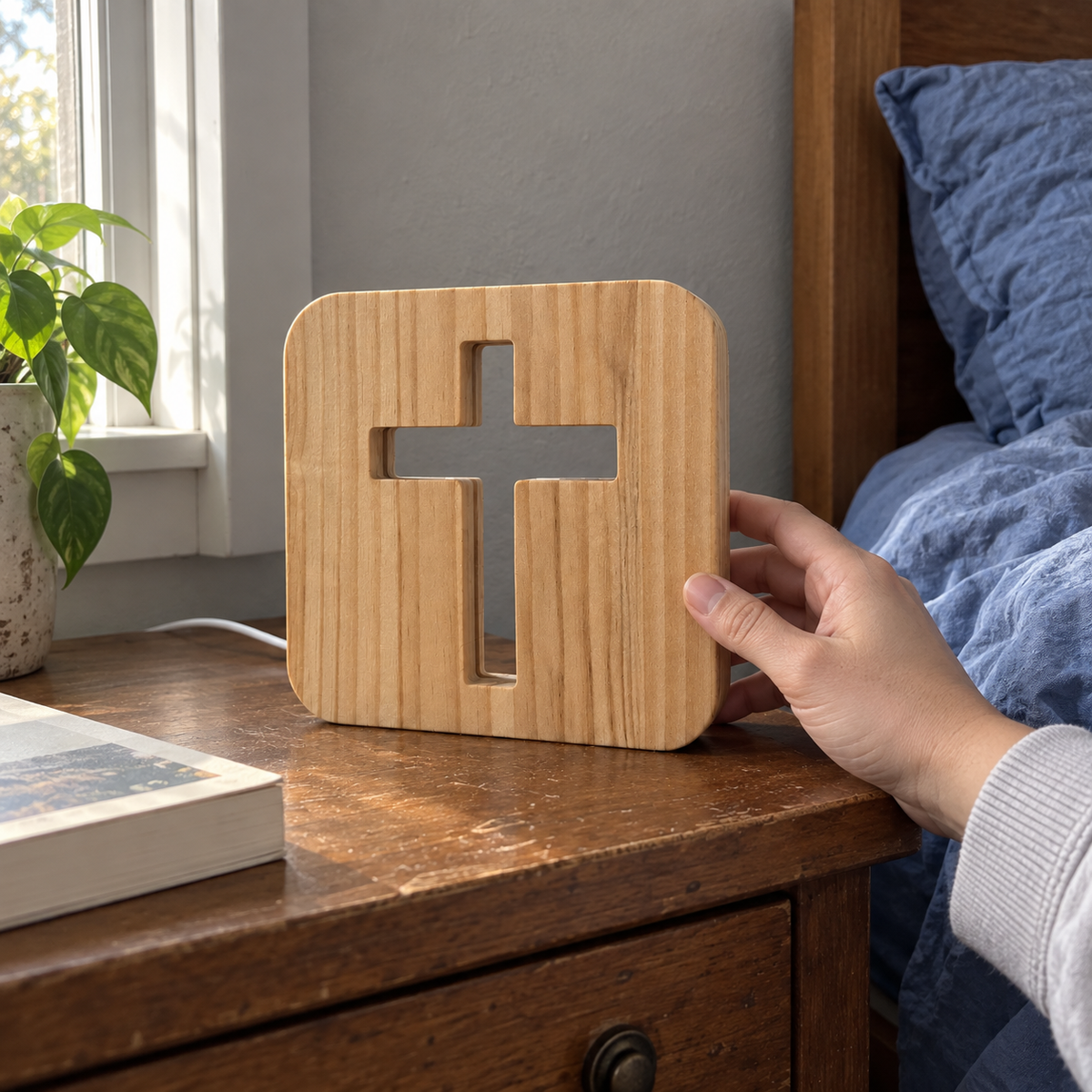 Wooden cross night light beside rumpled blue bedding in daylight