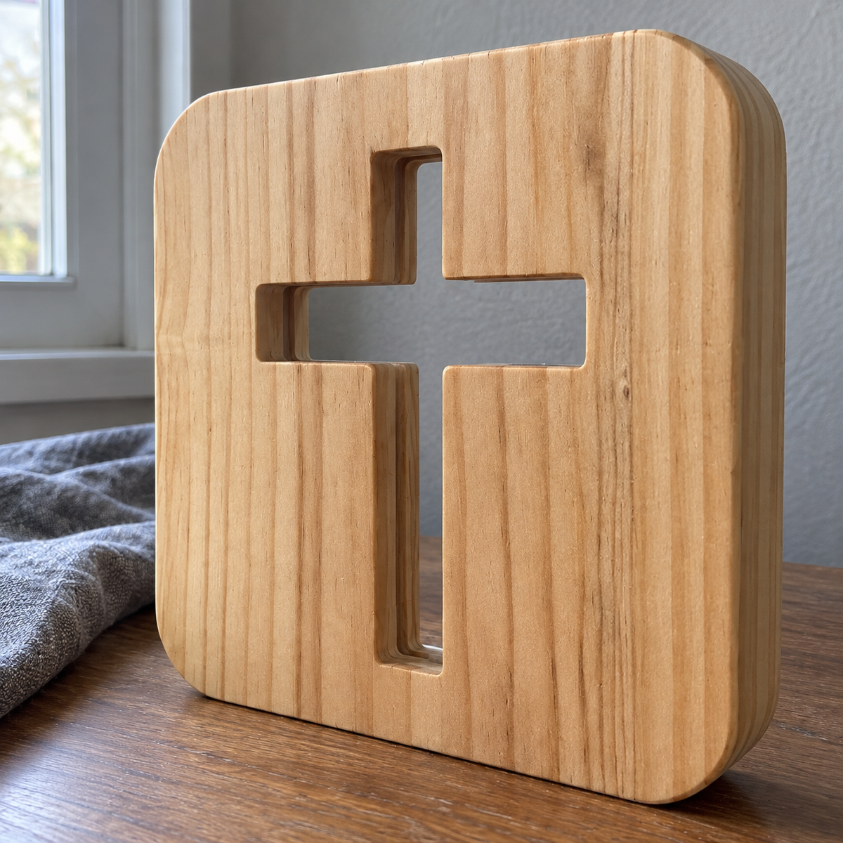 Close view of pine grain and the hollow cross opening