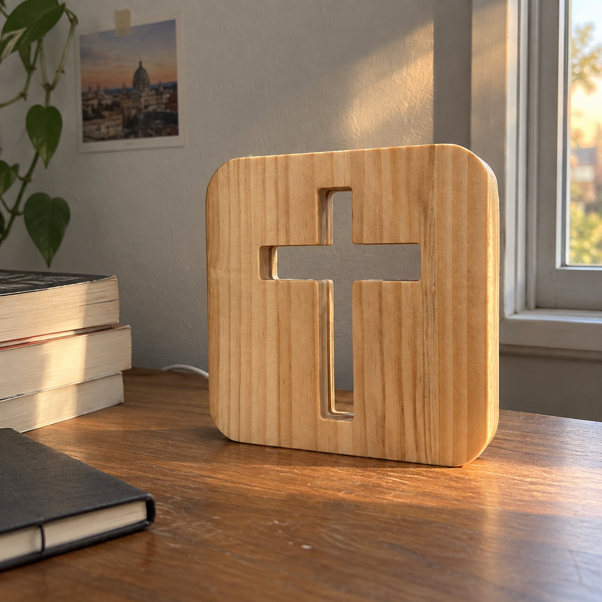Pine wooden cross night light beside books on a desk in afternoon sunlight