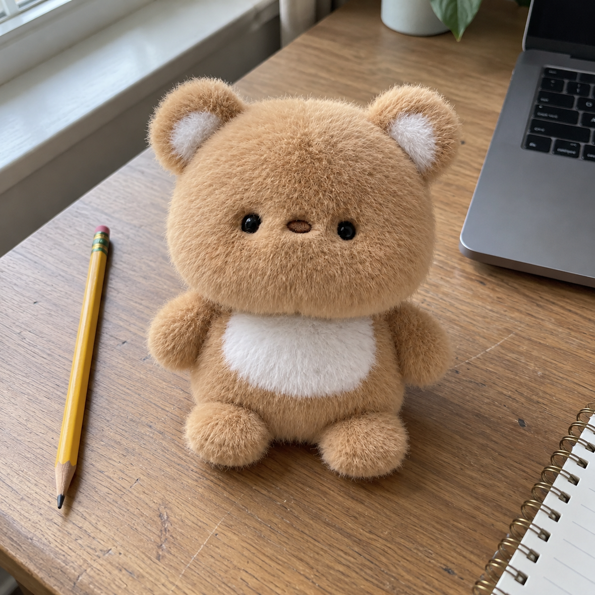 Small tan teddy desk companion seen from above beside a pencil and notebook