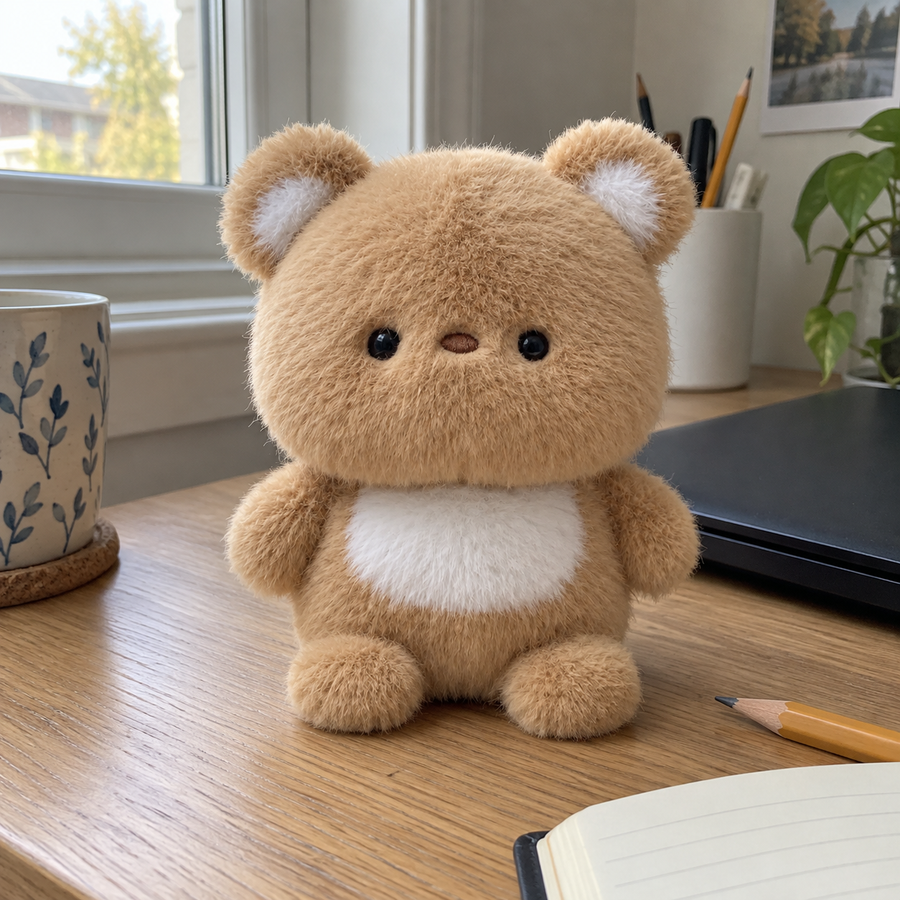 Tan teddy bear desk companion beside a notebook and laptop