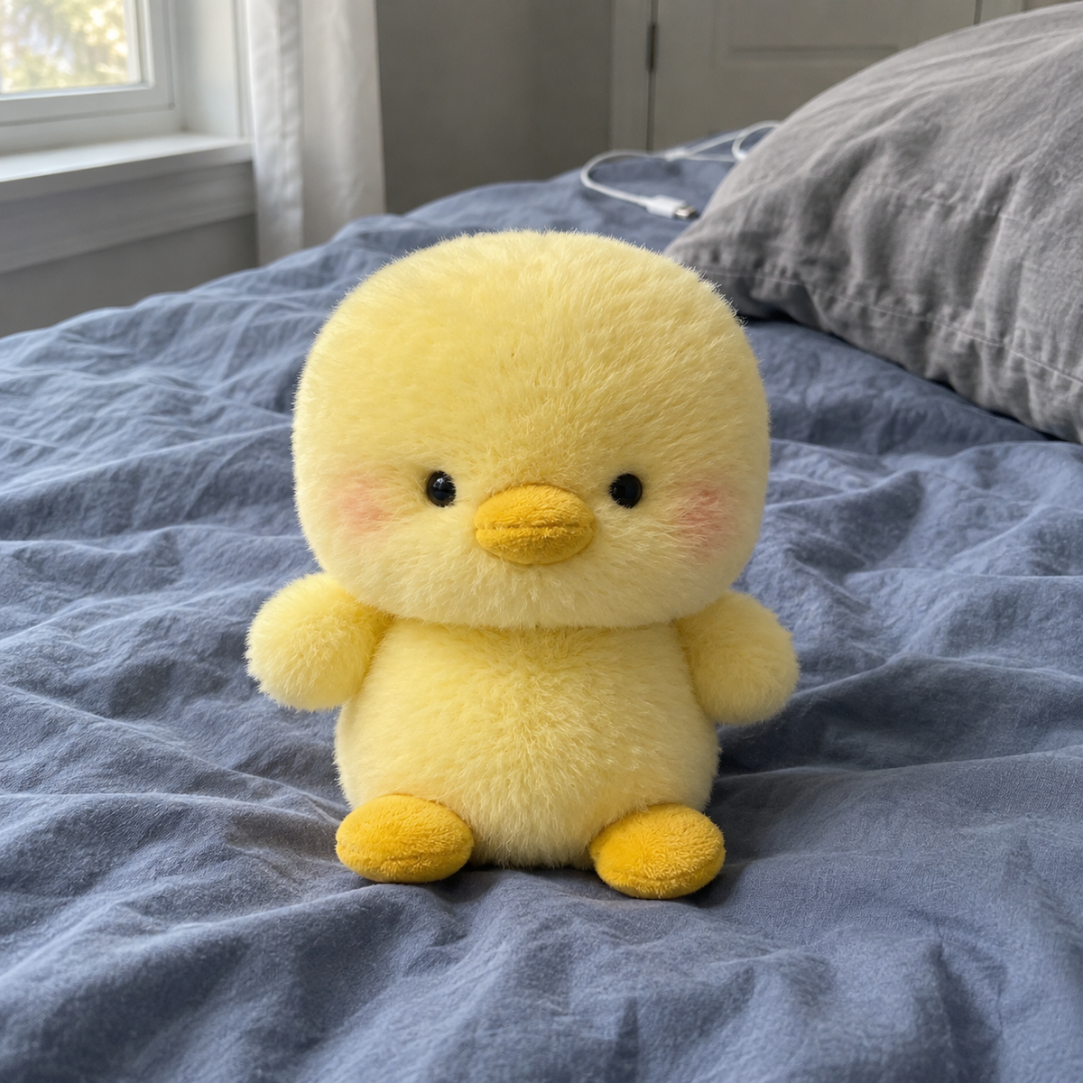 Small yellow chick plush sitting on rumpled blue cotton bedding