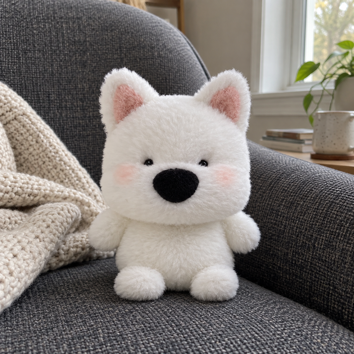 White terrier desk companion on a gray reading chair