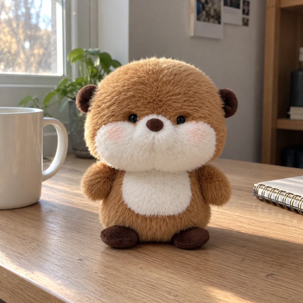 Brown otter-style desk companion beside a mug and notebook
