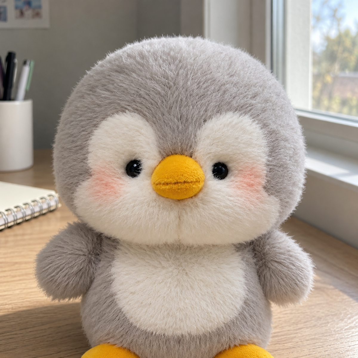 Close-up of the gray penguin plush’s white face, yellow beak and soft fabric