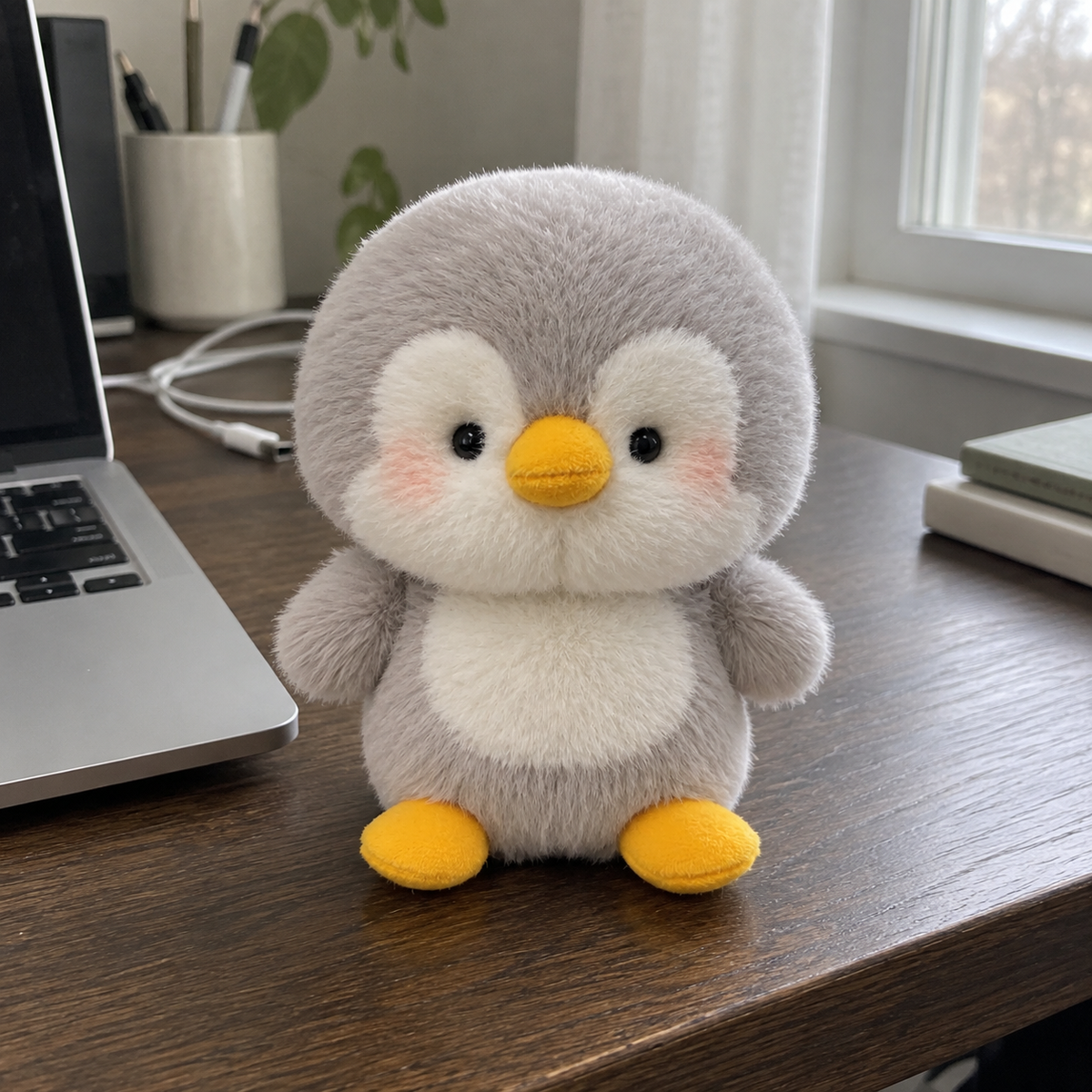 Small gray penguin plush on a desk next to a laptop