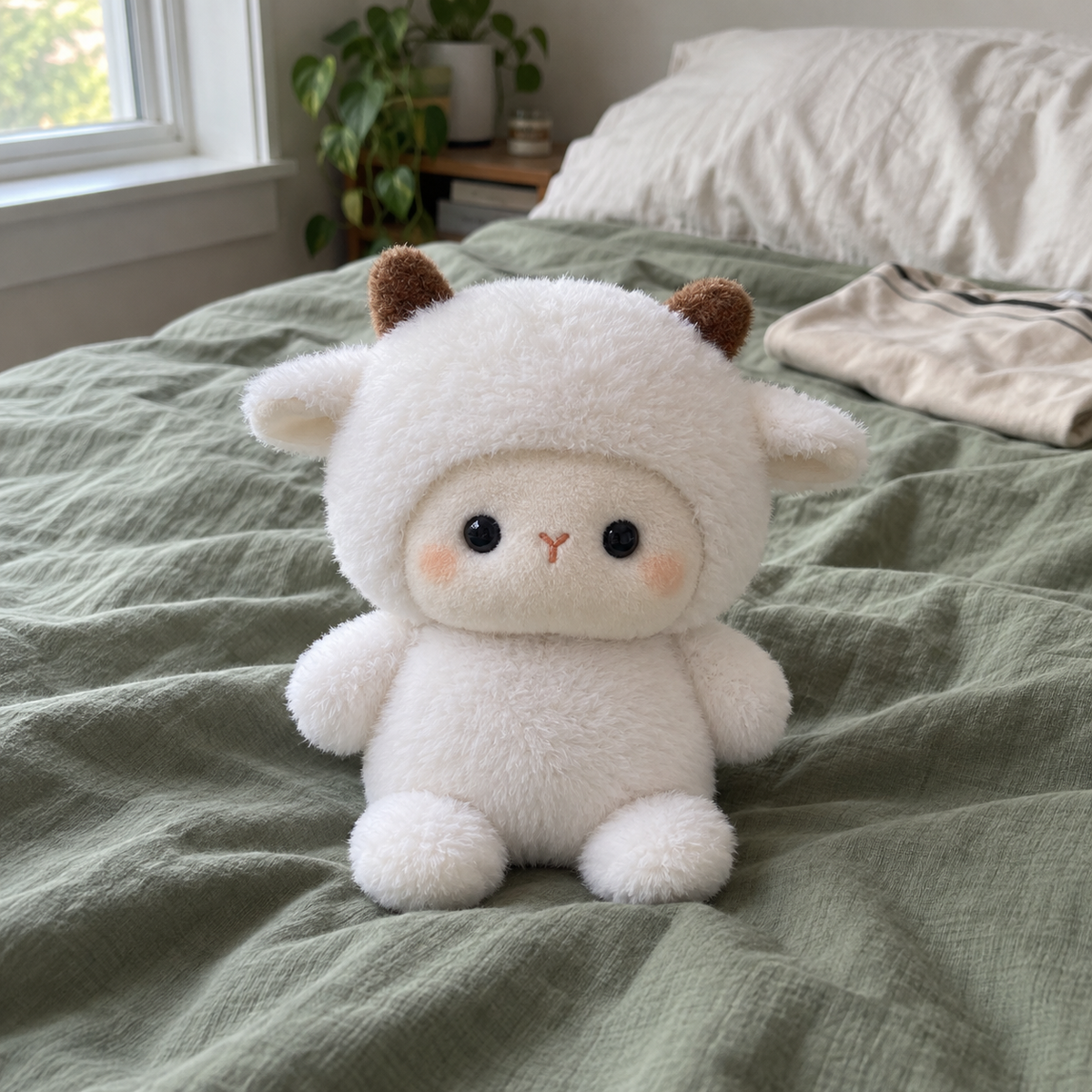White lamb plush with brown horns on sage-green bedding