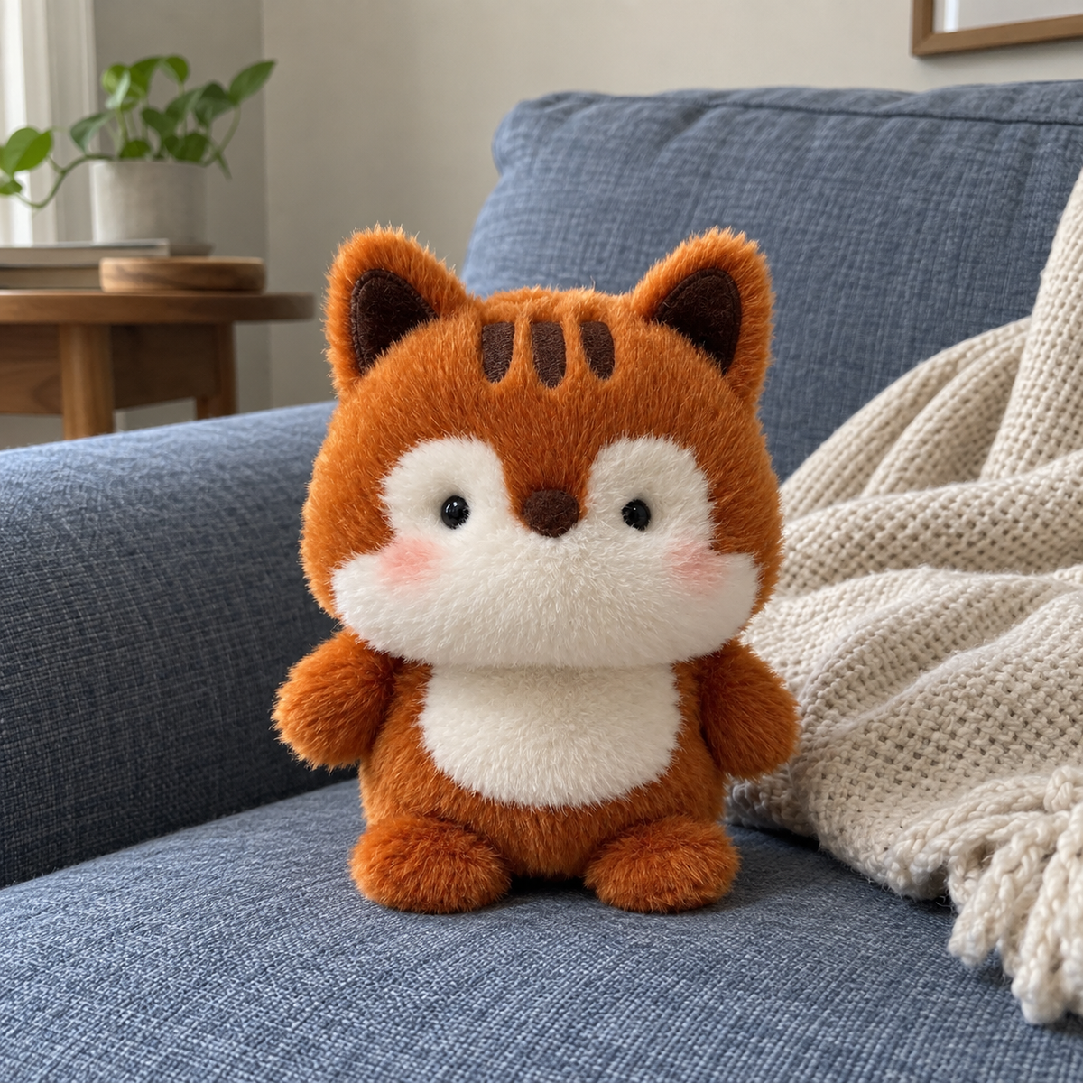 Rust-orange squirrel plush on a blue sofa beside a knitted throw