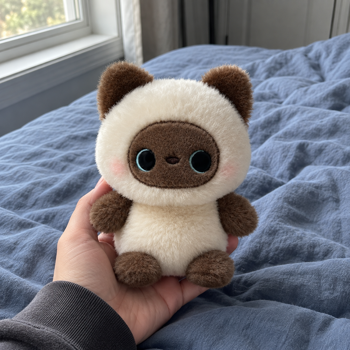 Small cream and brown kitten desk companion held in one hand over blue bedding
