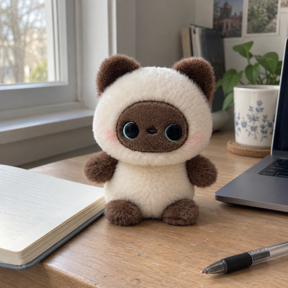 Cream and brown kitten desk companion beside a notebook