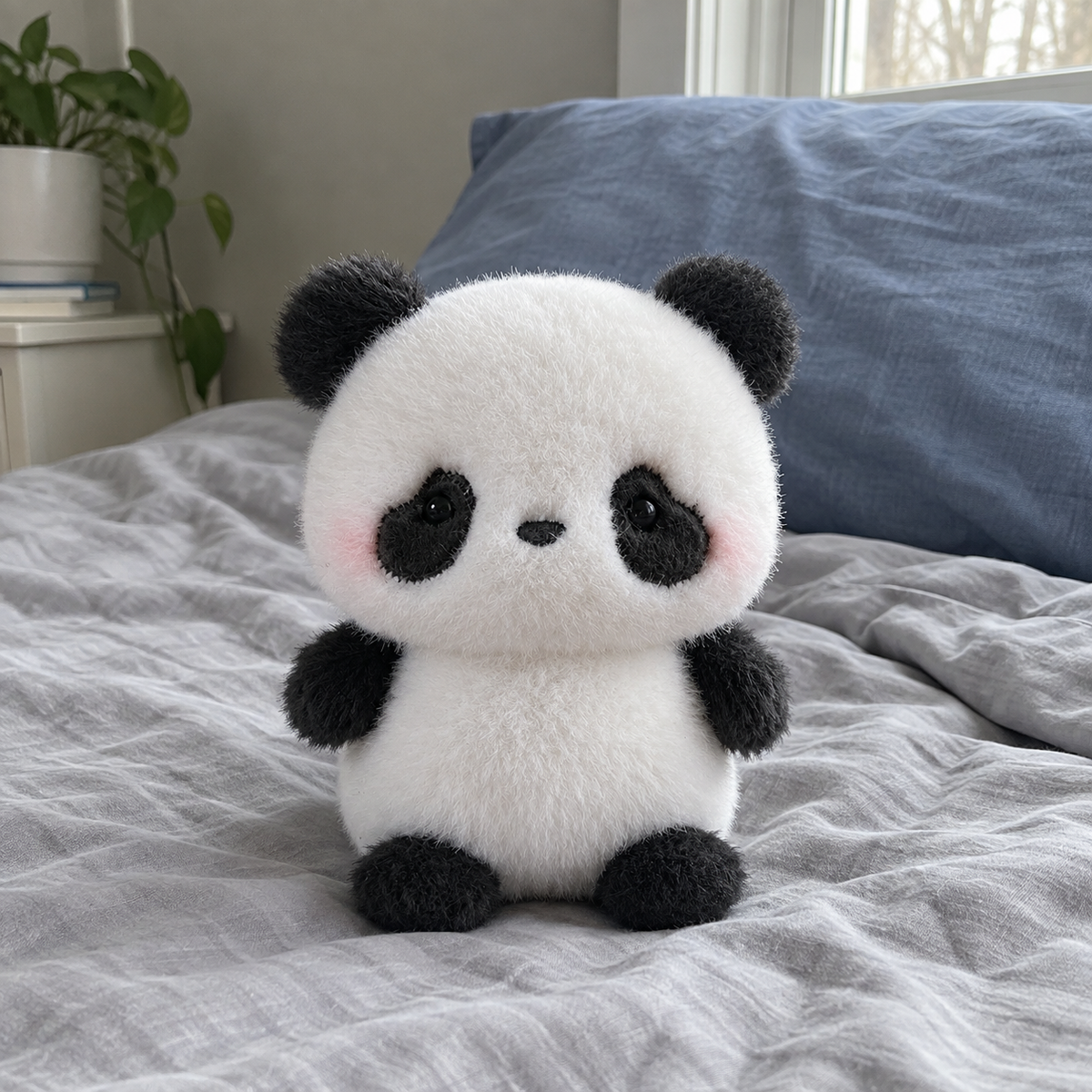 Small panda plush sitting on soft gray bedding