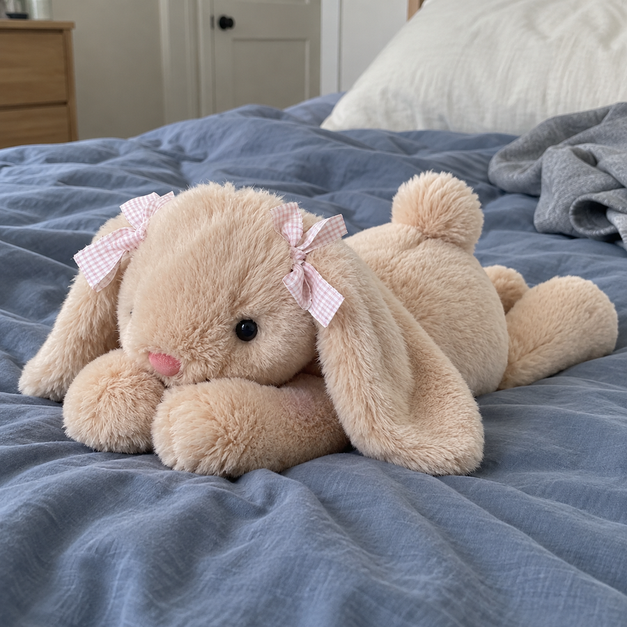 Jimny Rabbit plush in an everyday bedroom