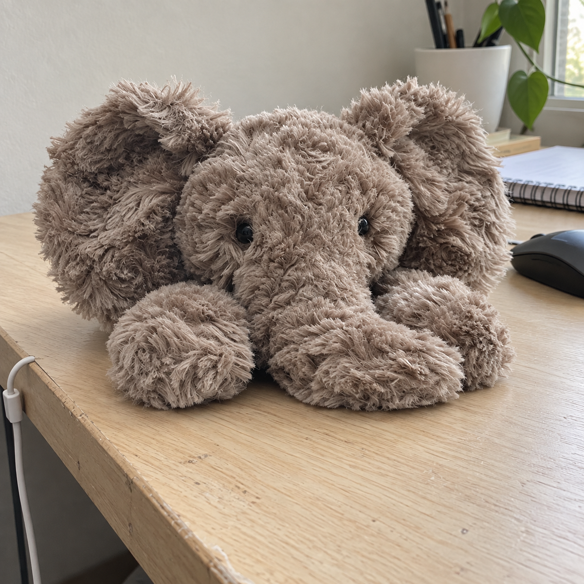 Jimny Elephant plush in an everyday desk setting