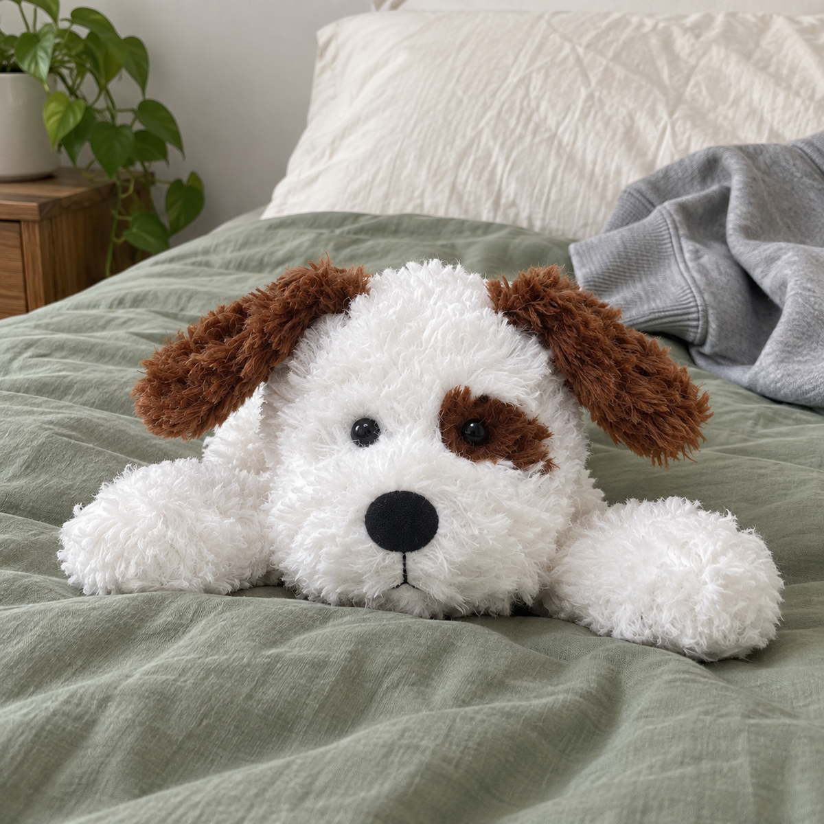 Jimny Dog plush in an everyday bedroom