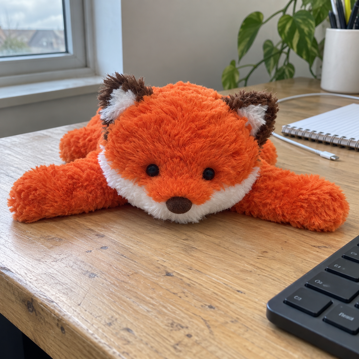 Jimny Fox plush in an everyday desk setting