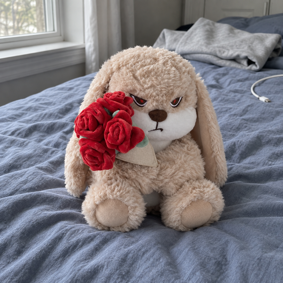 Beige long-eared rabbit holding a red plush rose bouquet on a rumpled blue bed