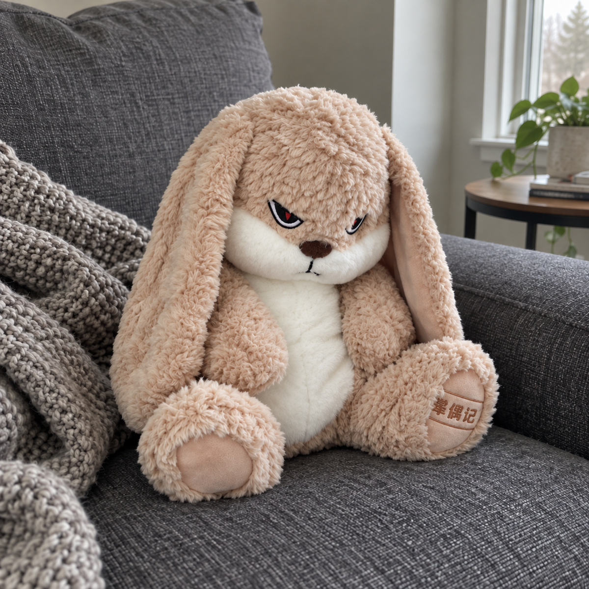 Plain beige long-eared rabbit with a grumpy embroidered face sitting on a gray sofa