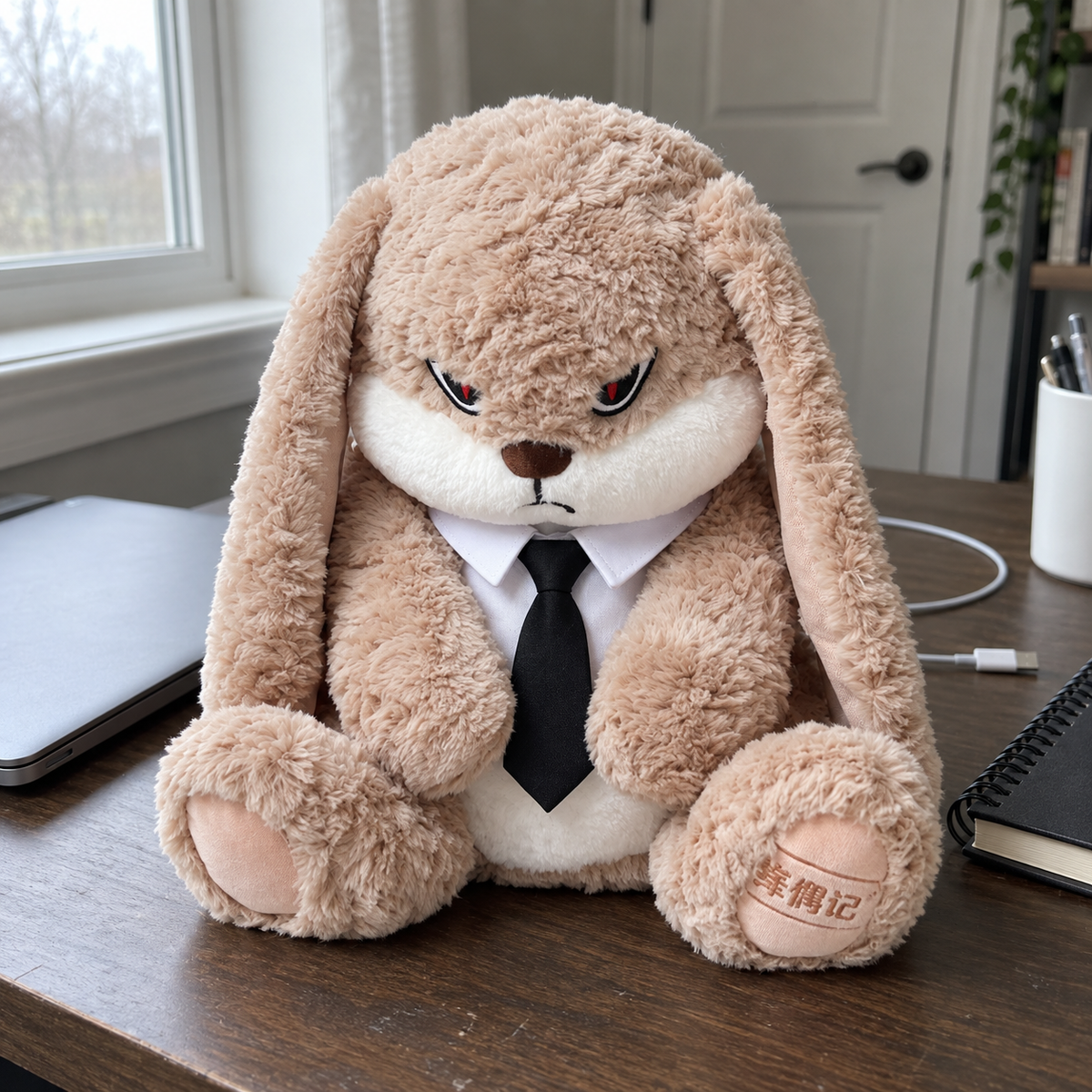 Beige long-eared rabbit wearing a black necktie and white collar on a home office desk
