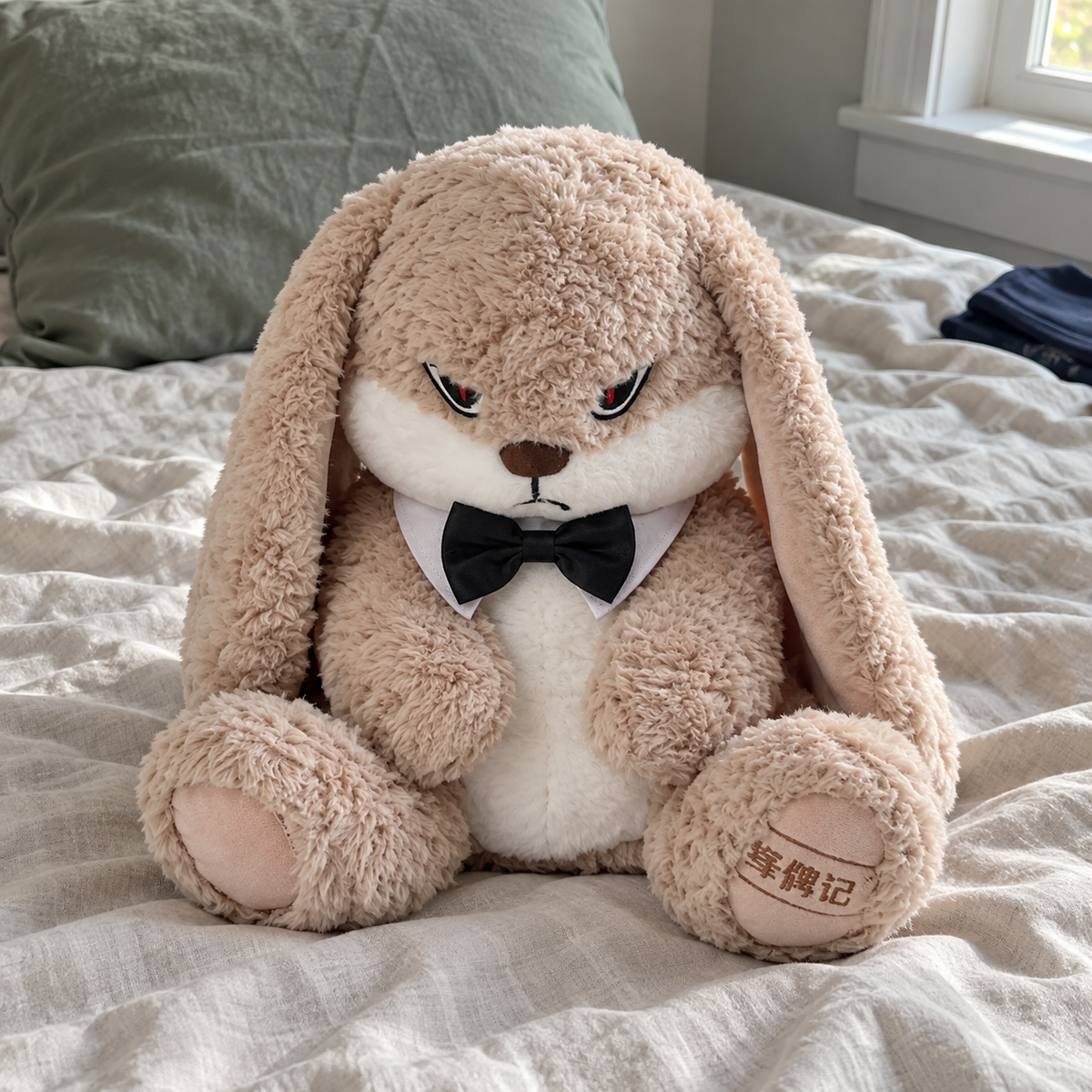 Beige long-eared rabbit wearing a black bow tie on softly rumpled bedding