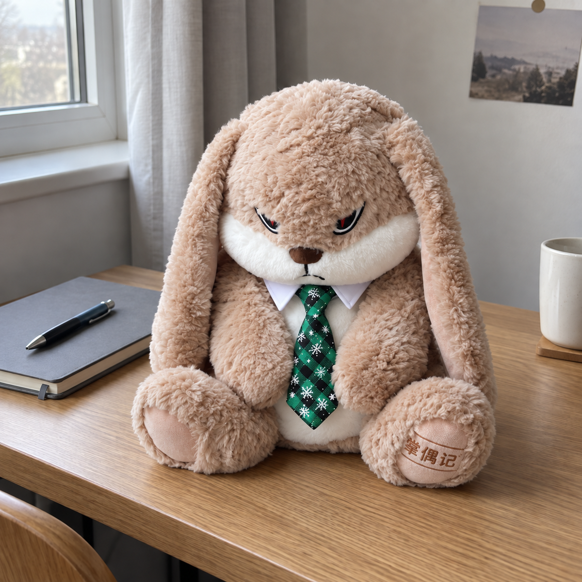 Beige long-eared rabbit with a green checked snowflake tie beside a notebook on a desk