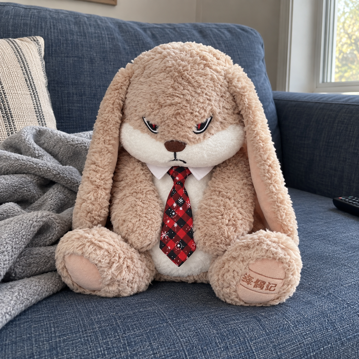 Beige long-eared rabbit with a red checked snowflake tie sitting on a blue sofa