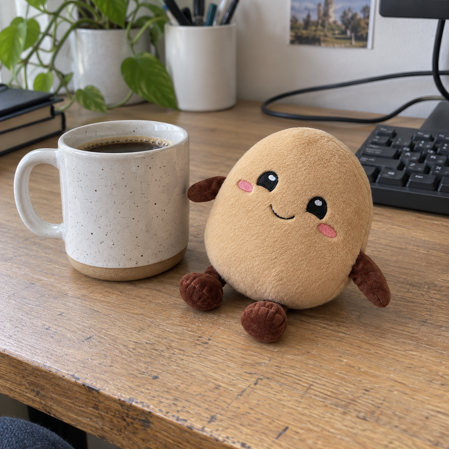 The 13 cm potato plush beside a mug on a desk