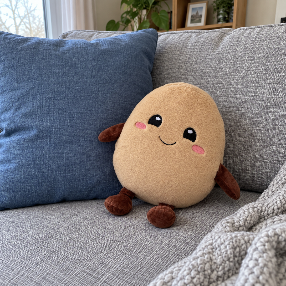 The 30 cm potato plush on a sofa beside a blue cushion