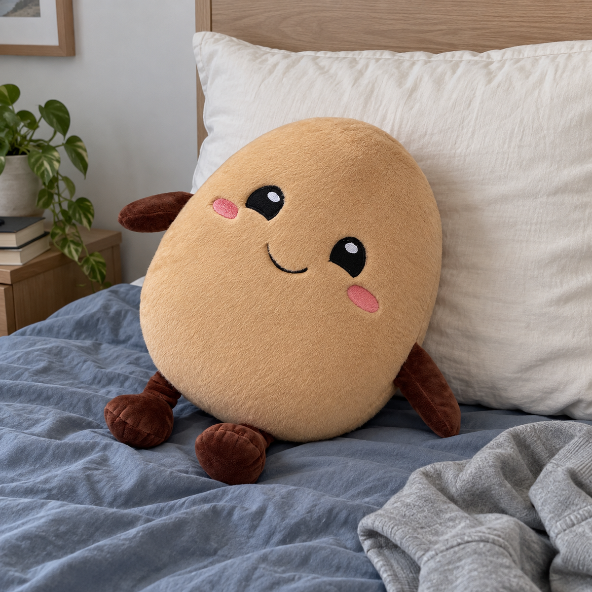 The 45 cm potato plush on a bed beside a pillow